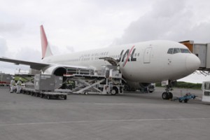 マンゴー出荷の輸送対策として代替運航を行うボーイング７６７型機