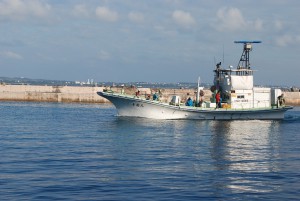 尖閣諸島に向かって出港する第五喜翁丸＝１日午後４時ごろ、佐良浜漁港