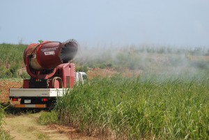 バッタが発生するキビ畑に向け農薬を散布する大型送風散布機＝28日、下地島
