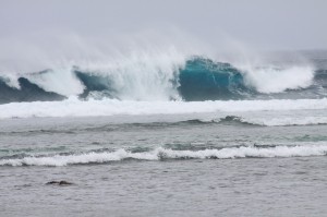 台風9号の影響で海は大荒れとなり高波が次々と海岸に打ち寄せた＝４日夕、上野の南海岸