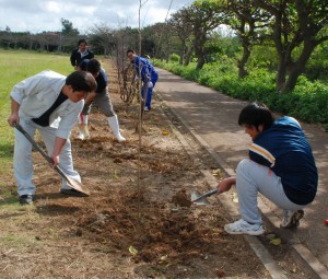 スコップを手に作業に汗を流す参加者たち＝５日、平成の森公園