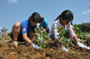 「大きく育ってね」。植え付け作業を行う子どもたち＝27日、平良狩俣の西平安名崎公園
