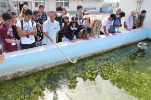 緩速ろ過池の浄水方法などについて説明を聞く参加高校生たち＝２３日、袖山浄水場
