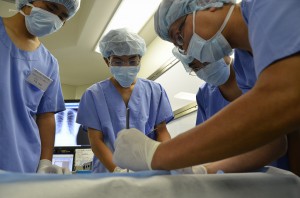 参加した生徒たちは手術や内視鏡、救急の３部門の医療行為を模擬体験した＝２１日、宮古島徳洲会病院