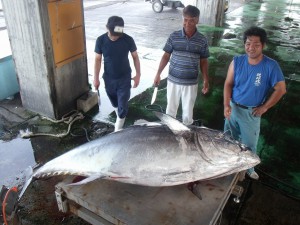 大物ホンマグロを水揚げした久高船長（中央）と関係者ら＝13日、宮古島漁協の市場（写真は、同漁協提供）