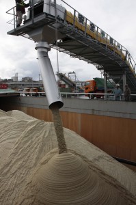 工場から大型トラックで運び込まれた粗糖がコンベヤーで船倉に次々と流し込まれた初荷式＝13日、平良港第２埠頭