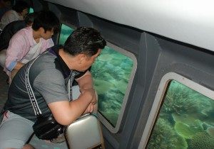 さまざまな種類のサンゴを観察した観光客たち＝６日、シースカイ博愛