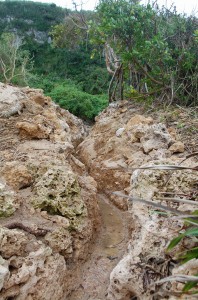 土砂の除去作業を行ったところ、石積みや岩を掘った古い水路が見つかった来間川＝１０日、来間島