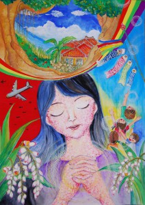 「児童・生徒の平和メッセージ展」のポスターに採用された川田悠可さん（上野中３年）の作品「平和を祈って」
