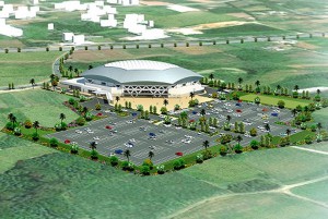 宮古空港東側に建設されるスポーツ観光交流拠点施設の完成予想図（市振興開発プロジェクト局提供）