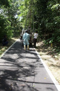 １１カ所で亀裂が見つかりボーリング調査が行われている遊歩道＝１１日、市熱帯植物園「新婚の森」