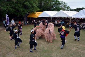 伝統の獅子舞を披露する保存会メンバー。豊年祭を盛り上げた＝２７日、城辺上区