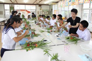 斉藤氏（右から２人目）から助言を受ける生徒たち＝１８日、西城中学校