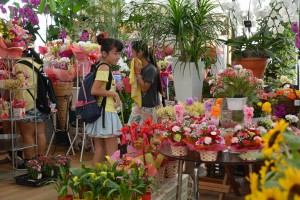 市内フラワーショップには「母の日」用の盛り花がずらりと並んだ＝７日、宮古島市内