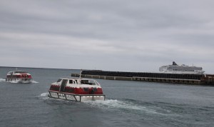 平良港沖に停泊するクルーズ船スーパースターヴァーゴ（右奥）と平良港までをピストン輸送で乗客を運ぶテンダーボート＝１１日