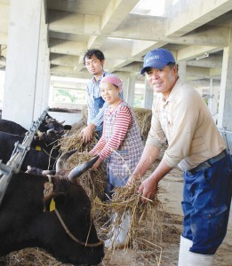 牛の飼育管理をする上地良淳さん一家（写真は手前から良淳さん、妻佳代子さん、長男真誠さん）