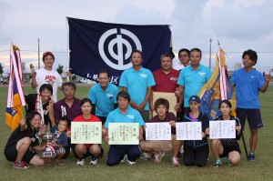 ２年ぶり４回目の優勝を果たした上野学区のメンバー＝９日、市陸上競技場