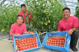 真っ赤に熟した大玉トマトの出荷を控えさわやかな表情を見せる利用者ら