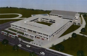 伊良部地区の四つの小、中学校を統合して建設する小中一貫校「結の橋学園」の校舎予想図