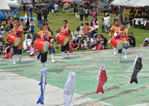 ステージでは鯉のぼりが飾られ、子供たちは元気いっぱいの演舞を披露した＝５日、うえのドイツ文化村