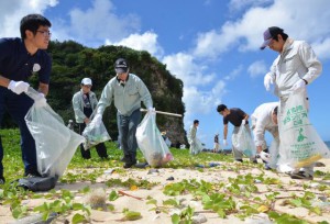 参加者たちは強い日差しの中で海岸環境の美化活動に努めた＝７日、平良の島尻海岸