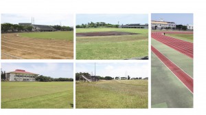 写真左上から時計回りに城辺陸上競技場、伊良部陸上競技場、市営陸上競技場、下地陸上競技場、上野陸上競技場