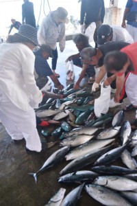 気に入った魚を求める買い物客ら＝５日、市内の狩俣漁港
