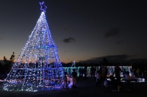 会場は一足早くクリスマスの雰囲気に包まれ、訪れた人たちは楽しいひとときを過ごした＝15日、パイナガマ海空すこやか公園