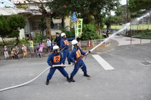 出初め式で放水訓練を披露する消防団員ら＝７日、村役場前