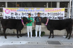 県畜産共進会肉用牛の部で優秀賞を獲得した（右から）荷川取広明さん、川上隆太さん＝１日、糸満市の南部家畜市場