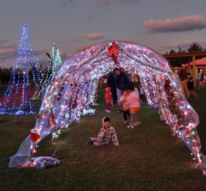 一足早くクリスマスの雰囲気に包まれた会場では、訪れた人たちの笑顔が広がった＝14日、パイナガマ海空すこやか公園